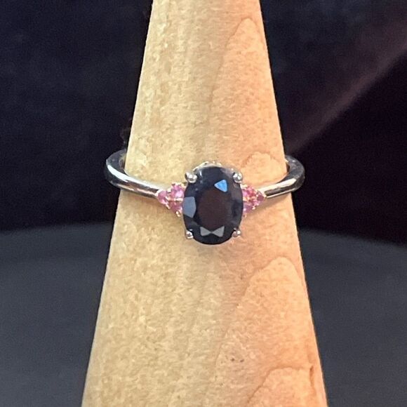 Midnight And Pink Sapphire Ring 8 And Pendant Necklace 18” Set - Picture 7 of 16